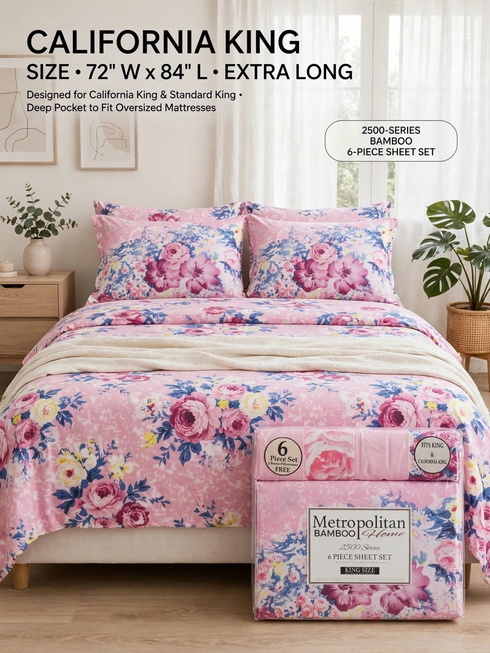 Pink Floral California King Sheet Set